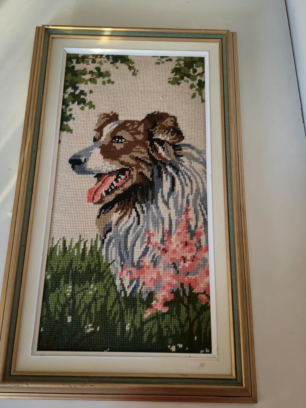 Vintage Framed Collie / Sheltie Needlepoint Art – Dog Tapestry Wall Decor